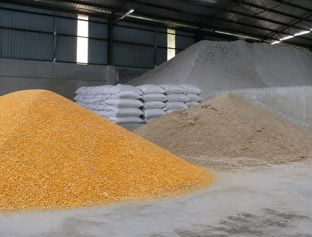 Heaps of maize grain and milled raw materials beside stacked bags in a storage warehouse